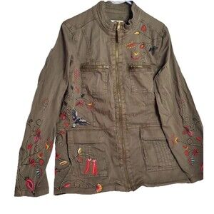Sonoma Embroidered Floral Green Jacket Long Sleeve Button Womens SZ L Bird Boho